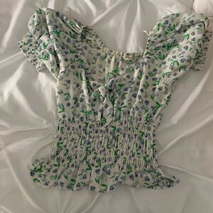 Cream Puff Sleeve Smocked Blouse with Tie Front